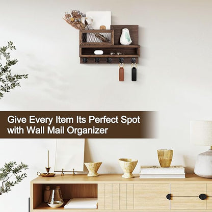 Key Holder for Wall, Mail Organizer Wall Mount with Storage Compartment and 5 key Hooks for Coat, Dog Leash, Stylish Mesh Mail Holder, Home Decor Entry Way Organizer