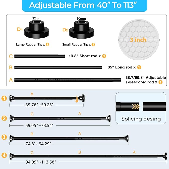 MEXAU Black Tension Curtain Rod 40-113 Inch Long Tension Rod 1.26" Spring Tension Curtain Rod Adjustable Curtain Rods No Drilling Tension Shower Rod Curtain Tension Rod for Bathroom Windows Doorways