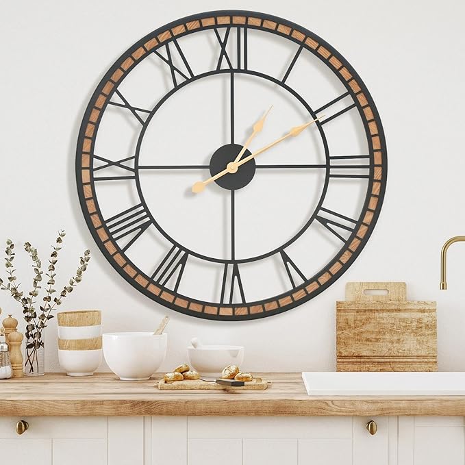 Micasso Non-Ticking Large Wall Clock : 24inch Modern Metal Black with Solid Wood Frame Silent Clock for Living Room/Bedroom/Kitchen - Home Decor for Fashion-Conscious (Style 2, 24-Inch)