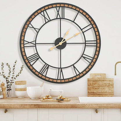 Micasso Non-Ticking Large Wall Clock : 24inch Modern Metal Black with Solid Wood Frame Silent Clock for Living Room/Bedroom/Kitchen - Home Decor for Fashion-Conscious (Style 2, 24-Inch)