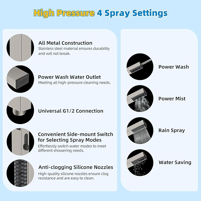 Hibbent All Metal cUPC Certified Shower Head, 8'' High Pressure Rainfall Showerhead Combo, Handheld Shower Wand, 12'' Adjustable Extension Arm, 4-Spray, 71'' Hose, Shower Holder, Brushed Nickel