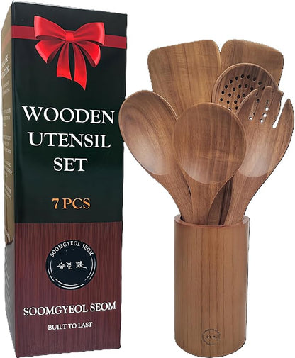 SOOMGYEOL SEOM 7-Piece Teak Wood Cooking Utensil Set with Holder | Wooden Spoons and Spatulas, Nonstick Safe, Heat Resistant, Kitchen Tools