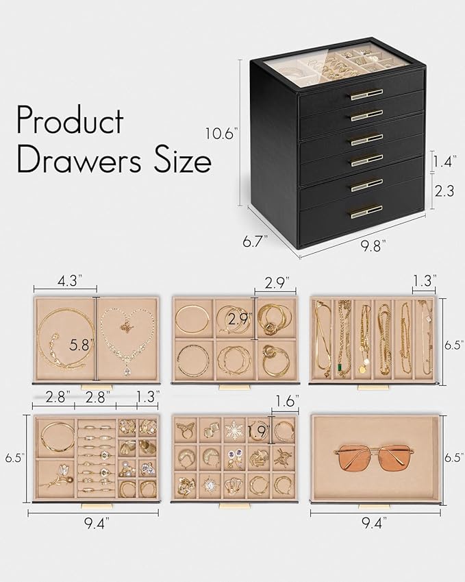Vlando 6 Layer Jewelry Box for Women, Glass Lid Jewelry Organizer with 6 Drawers for Necklaces Rings Earrings Bracelets - Black