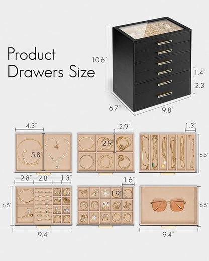 Vlando 6 Layer Jewelry Box for Women, Glass Lid Jewelry Organizer with 6 Drawers for Necklaces Rings Earrings Bracelets - Black
