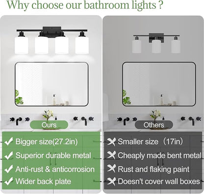 4-Light Bathroom Light Fixtures, Vanity Light with Milky White Shades, Matte Black Bathroom Light Fixtures Over Mirror, Modern Bathroom Wall Lamp for Mirror Living Room Cabinet Bedroom