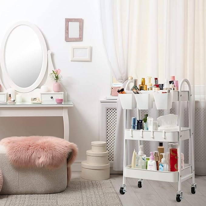 danpinera 3-Tier Rolling Cart, Utility Cart Mobile Metal Rolling Storage Cart with Lockable Wheels & Hanging Cups & Hooks for Kitchen, Bathroom, Office, Workshop, White