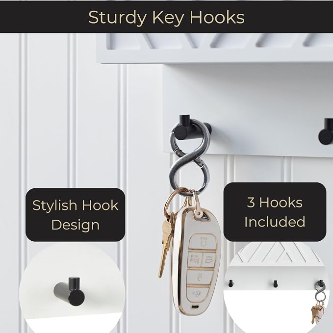 BLU MONACO | Wall Mount Key Holder with Mail Organizer | Wooden Command Center with 3 Hooks and 2-Tier Letter Pockets | Entryway Mail Sorter & Key Rack | White Geometric Wall Organizer for Office Home