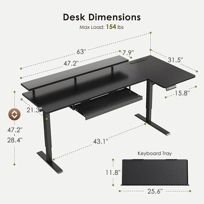 OffiGo 63 Inch L Shaped Electric Standing Desk with Keyboard Tray, Reversible Height Adjustable Corner Computer Desk with Monitor Stand, Sit Stand Up Lift Table for Home, Office, Carbon Fiber Black
