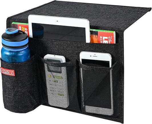 Zafit Linen 4 Pockets Bedside Caddy, Bedside Storage Organizer with Water Bottle Holder for Magazine, Remotes, Phone (Black)