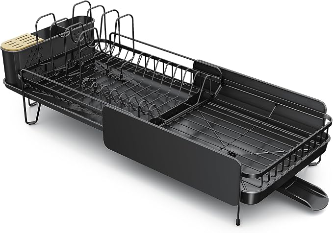 SNTD Large Dish Drying Rack - Expandable (19.3" to 29.4") Dish Rack for Kitchen Counter, Stainless Steel Dish Drainer with Utensil Holder, Pan Holder & Pot Lid Holder (Black)