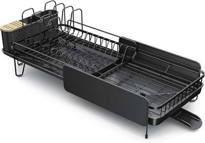 SNTD Large Dish Drying Rack - Expandable (19.3" to 29.4") Dish Rack for Kitchen Counter, Stainless Steel Dish Drainer with Utensil Holder, Pan Holder & Pot Lid Holder (Black)