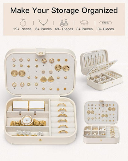VLANDO Travel Jewelry Case for Women Girls, Gifts for Mother, PU Leather Small Jewelry Box for Rings, Necklaces, Bracelets, Earring Holder Organizer Storage for Travel Essentials - Beige