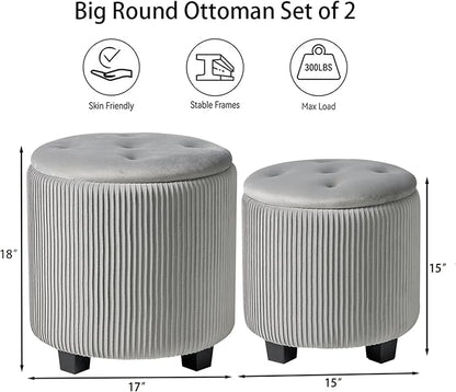 BLEXA Big Round Ottoman with Storage Set of 2,Upholstered Velvet Vanity Stool for Makeup Multifunctional Foot Rest Coffee Table Padded Seat Tufted Ottomans for LivingRoom&Bedroom (Large Grey)