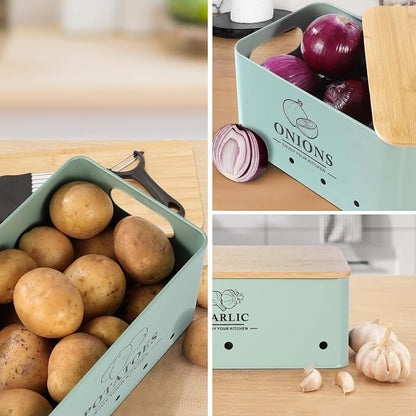 Kitchen Vegetable Storage Set of 3, Metal Onion Garlic Potato Storage Set, Kitchen Canisters Vegetable Keeper Containers with Aerating Holes and Bamboo Lid,Sage Green