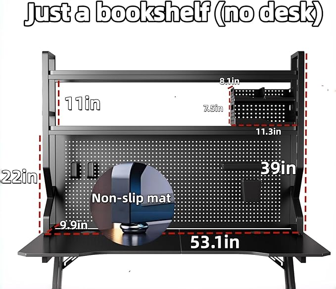 Desktop Hutch Bookshelf,Many Gifts,Metal Desktop Bookcase with pegboard, Desk Shelf Black, Countertop Storage Organizer Rack for Dorm or Office,Desktop Shelves(Black, 53.1" Lx9.9 Wx39 H)