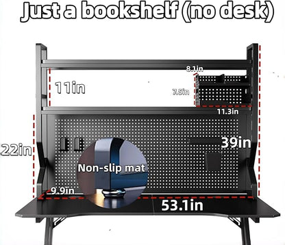 Desktop Hutch Bookshelf,Many Gifts,Metal Desktop Bookcase with pegboard, Desk Shelf Black, Countertop Storage Organizer Rack for Dorm or Office,Desktop Shelves(Black, 53.1" Lx9.9 Wx39 H)