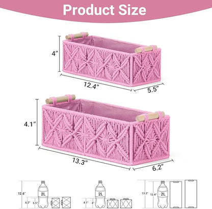 Nonam Macrame Storage Baskets, Boho Decor Style Woven Storage Boxes for Home Organization, Toilet Tank Shelf Cabinet Organizer Baskets,Set of 2,Rectangle,Pink