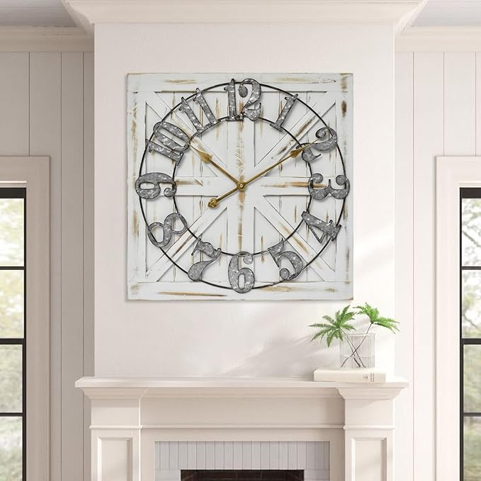 Large Farmhouse Wall Clock – 24 Inch White Square Rustic Wooden Clock with Decorative Reversible Wooden Sign, Perfect for Any Space and Ideal Gift