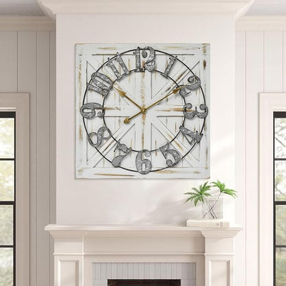 Large Farmhouse Wall Clock – 24 Inch White Square Rustic Wooden Clock with Decorative Reversible Wooden Sign, Perfect for Any Space and Ideal Gift