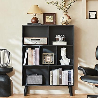 LEYAOYAO 7 Cube Black Bookshelf, 3 Tier Modern Bookcase with Legs, Wood Cubeicals Organizer Storage Open Shelves, Retro Display Book Shelf, Freestanding Short Book case for Bedroom,Living Room,Office