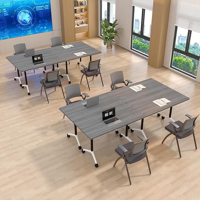 6Packs Folding Conference Table with Silent Wheels,Mobile Flip Top Meeting Room Table for Office Training and Classroom,Foldable Modular Rolling Desk for Home Office,Gray Space-Saving Rectangular