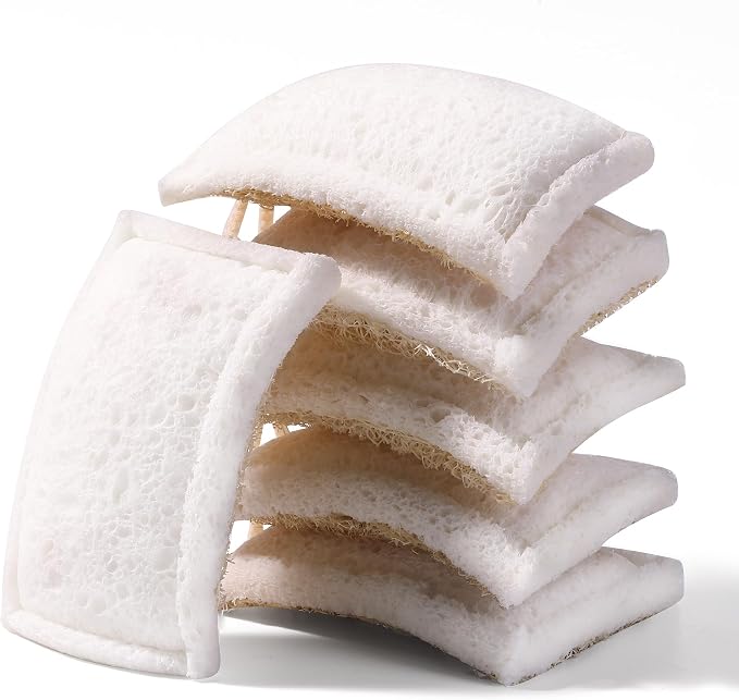 JOYMOOP Compressed Cellulose & Loofah Scrubbers, Non-Scratch Scrub Sponge, Kitchen Sponges for Dishes, 6-Pack, Dual-Sided Dish Sponge for Nonstick Cookware & All Surfaces