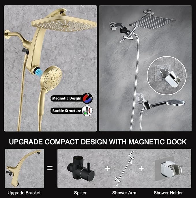 BOZYBO Rain Shower Head with Handheld: High Pressure Shower Heads with Handheld Spray Combo, 12" Rainfall Shower Head and 9 Sprays Hand Showerheads with Magnetic Docking and Power Jets, Gold 1.75GPM