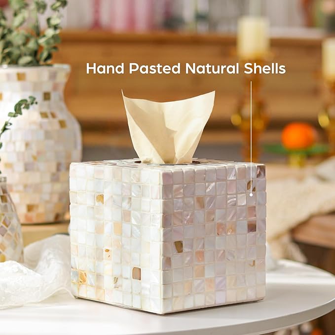 WDHODEC White Tissue Box Cover Square Decorative Tissue Box Holder Handmade Shell & Wooden Tissue Box Cube for Living Room, Dining Room, Cafe, Hotel, Office