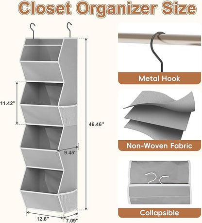 Wawocs 4 Shelf Hanging Closet Organizers and Storage for Kids 2 Packs, Grey | Hanging Shelves for Closet Organization, Hanging Closet Storage for Wardrobe Organizer, Closet Hanging Organizer for Bedroom