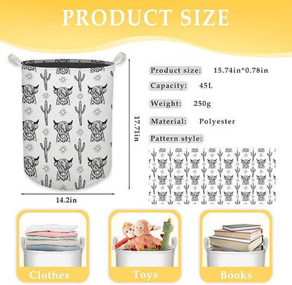 Western Laundry Basket, Retro Highland Cow Cactus Collapsible Laundry Hamper - Waterproof, Dirty Clothes Storage Bin - Perfect for Bathroom, Bedroom, Home Decor