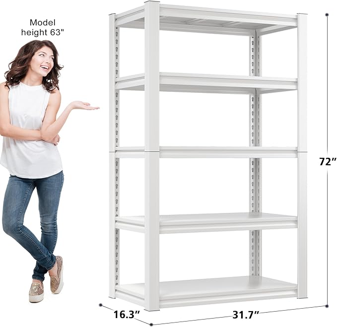 Raybee Garage Shelving, 72" H Storage Shelves, 2000LBS Metal Shelving Heavy Duty, White Shelves Metal Shelf for Closet Pantry Kitchen 72" H x 31.8" W x16.4 D
