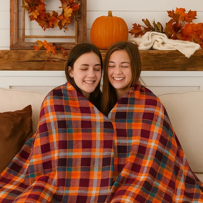 Winter Plaid Fleece Throw Blanket: Soft Plush Flannel Accent for Bed or Couch Orange, Teal Burgundy 50 x 70 inches