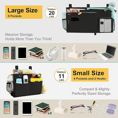 Surblue Bedside Caddy Bunk Bed Storage Organizer Hanging Pockets for College Dorm Rooms, Hospital Beds, Baby Bed Rails, Camping, RV, Small and Large Set, Black