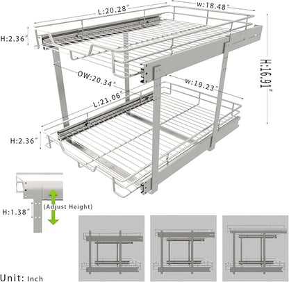 EZKAZA Pull Out Cabinet Organizer 20.5" W x 21" D, 2-Tier Kitchen Cabinet Pullout Shelf and Drawer Organizer Slide Out Pantry Storage Basket, 19.2" W x 21" D x 2.4" H for Bottom Basket Size