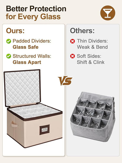 punemi Wine Glass Storage Box, Stemware Storage Case with 12 Padded Dividers, Hard Shell Support & Dustproof Lid, Stackable Glassware Containers for Wine Glasses, Goblets, Beige, 2 Pack