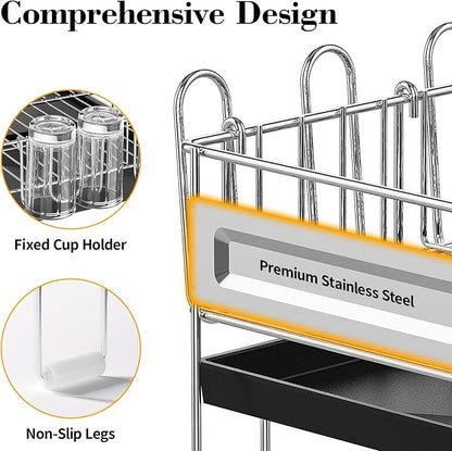 Delamu 2 Tier Dish Drying Rack, Large Dish Racks for Kitchen Counter, Stainless Steel Multifunctional Dish Drainer with Cutlery & Cup Holders, Extendable from 13.4 to 28.7 in, Black