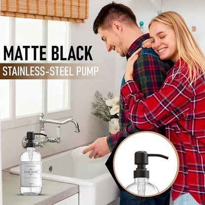 Sunrise Premium 2 Pack Clear Glass Soap Dispenser 16 OZ with Matte Black Stainless Steel Pump, Hand and Dish Soap Dispenser Set for Bathroom and Kitchen Sink with 6 Waterproof Labels