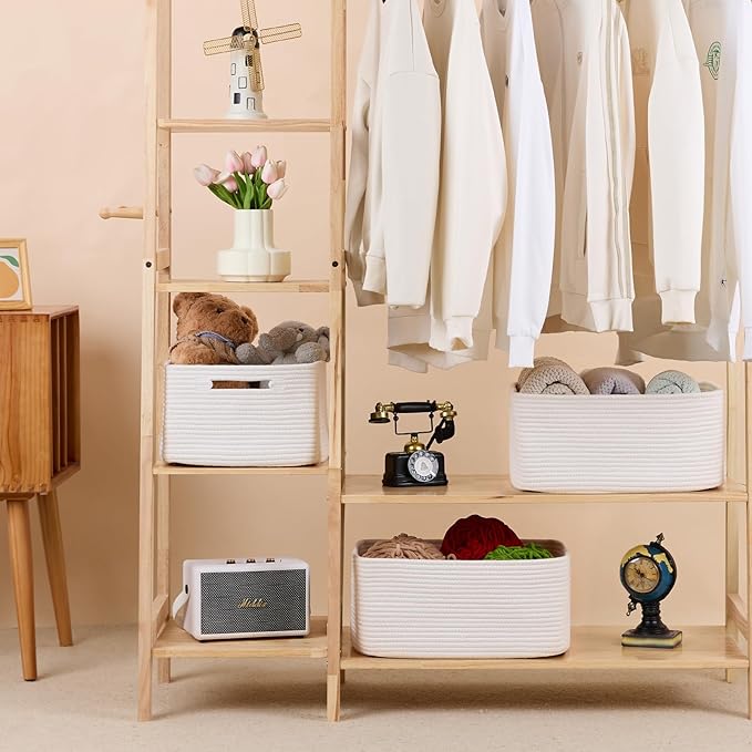 MiniArk Large Storage Baskets for Organizing, Closet Shelf Baskets for Clothes Blanket Towels, Baby Nursery, Toy Bins Box, Woven Rope Baskets, 17 x 13 x 7.5”, 4 Packs Off White