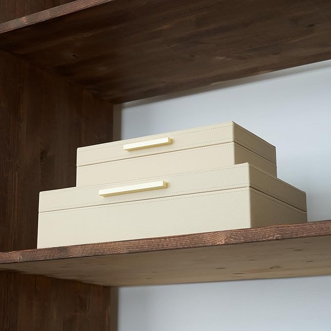 ZICOTO Decorative Storage Boxes with Lids – Set of 2 Beautiful PU Leather Organizer Bins for Your Bookshelf Home Decor - Safely Store Photos, Documents and Memory Box Keepsakes in Style