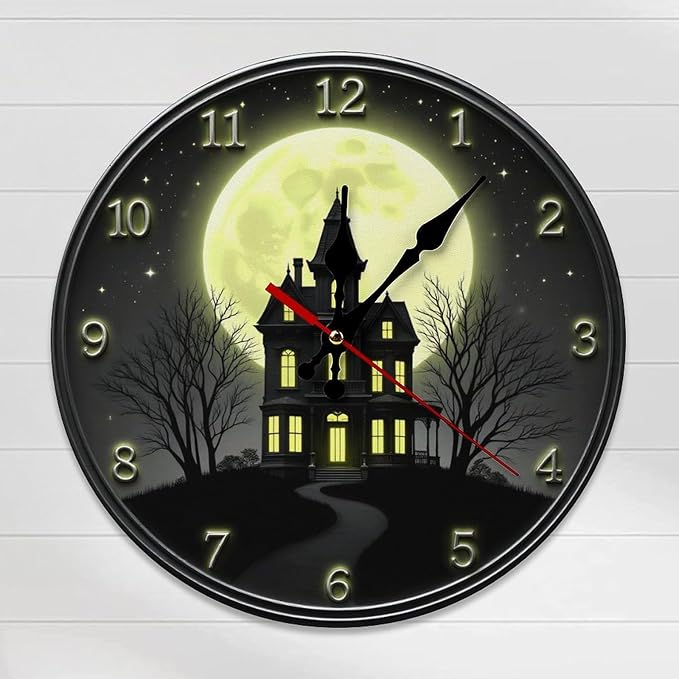 Wall Clock, Spooky Haunted House Non Ticking Wall Clocks Battery Operated, Black Wooden Wall Clocks for Living Room, Kitchen, Bedroom Decorative 10 Inch