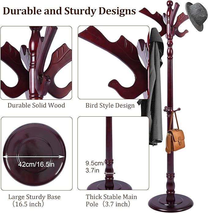 Wooden Coat Rack Freestanding with 11 Hooks Bird Style, 71'' Vintage Coat Racks Tree, Adjustable Height, Coat Hanger Stand with Sturdy Base, Coat Tree Hats Hanger for Living Room, Bedroom, Entryway