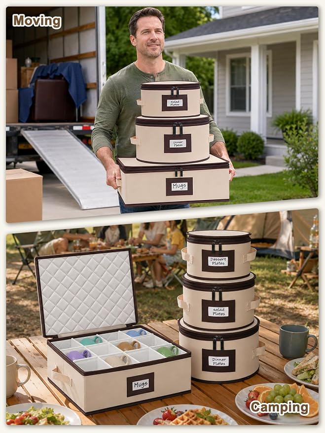 punemi Fine China Storage Containers With Dividers, Quilted Dish Storage Protectors With Hard Shell, Stackable Mug Storage Organizer For Moving & Dinnerware Plate Packing Supplies, Beige, 5-Piece Set