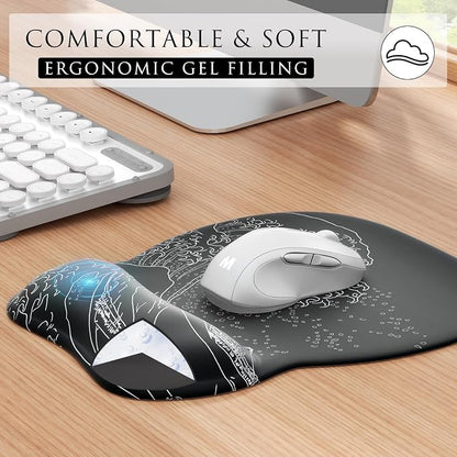 MROCO Ergonomic Mouse Pad with Gel Wrist Rest, 9.4 x 8.1 in, Kanagawa Wave | Ergonomic Shape Design, Multiple Pattern Options, Gel Wrist Comfort, Smooth Lycra Surface, Non-Slip PU Base