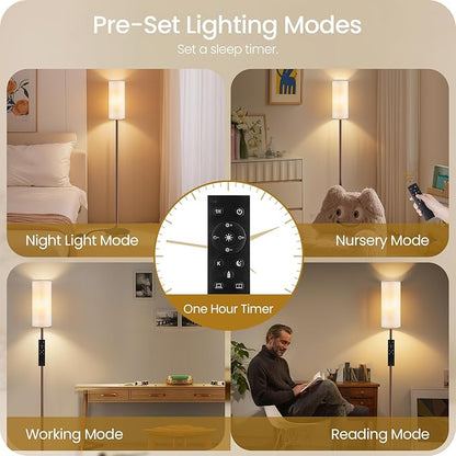Dimmable Floor Lamps for Living Room with Remote and Foot Switch, 64.4” Modern Standing Tall Lamp, Corner Lamp for Bedroom, Bulb Included, 3000K-6500K, Beige and Brown, FCC Listed VE06LD05W1