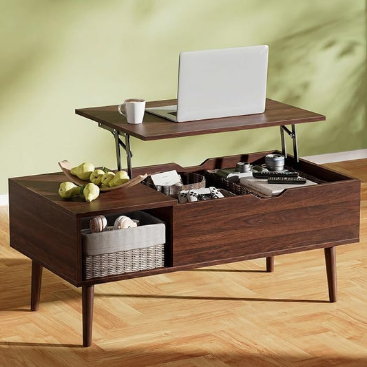 Sweetcrispy Coffee Table Lift Top Coffee Tables for Living Room,Small Rising Wooden Center Tables with Storage Shelf and Hidden Compartment, Dark Brown