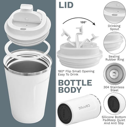 YINBAOGE Insulated Travel Coffee Mug, Spill & Leak Proof, Portable To Go Camping Stainless Steel Coffee Tumbler, Reusable Thermal Coffee Cup with Lid for Hot & Cold Drinks (2nd-White, 17 OZ)