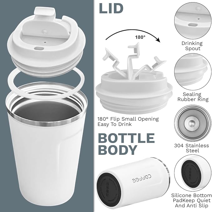 YINBAOGE Insulated Travel Coffee Mug, Spill & Leak Proof, Portable To Go Camping Stainless Steel Coffee Tumbler, Reusable Thermal Coffee Cup with Lid for Hot & Cold Drinks (2nd-White, 12 OZ)