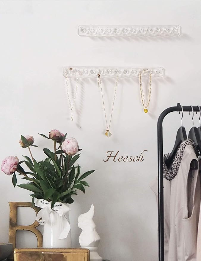 Heesch Necklace Holder, Acrylic Necklace Hanger, Wall Mount Necklace Organizer, Jewelry Hooks for Necklaces, Bracelets, Chains (2-pack Clear)