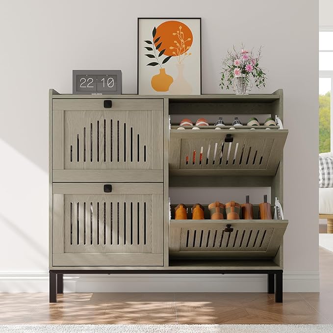 Garvee 4 Flip Drawer Shoe Cabinet with Adjustable Shelves, Hidden Shoe Organizer with Large Capacity, Freestanding Wooden Shoe Rack for Entryway, Hallway, Living Room, Washed Gray