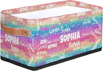 Personalized Name Small Storage Basket with Handles, Canvas Storage Bins Toys Organizer for Bedroom, Bathroom, Nursery, Shelves, Closets, Colorful Sparkly Bling Glitters Pink Blue Yellow